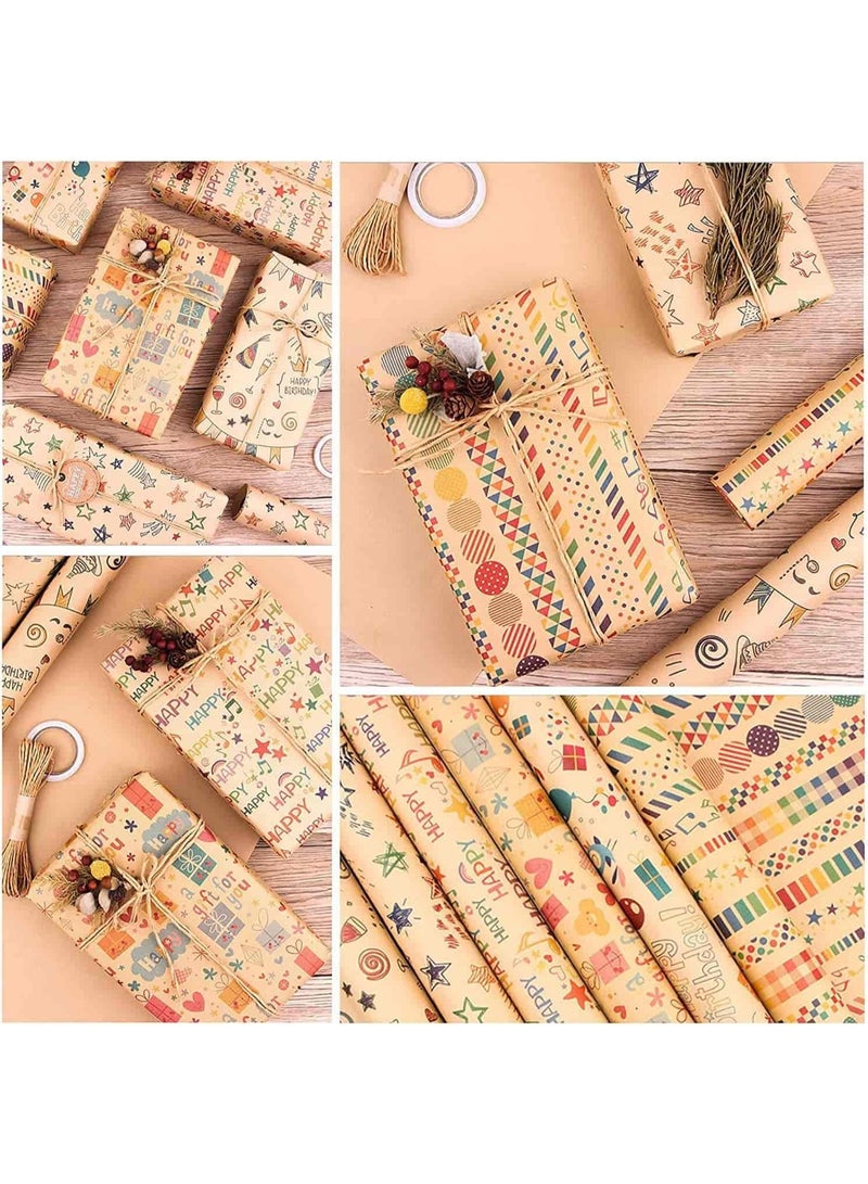 Mitoy 6 Packs Gift Wrapping Paper Roll, with Matching Gift Tags and Decorative Rope, Kraft Brown Recycled Gift Wrapping Paper for Birthday, Holiday, Wedding, Party, Kids Gift Wrapping (Size 70cmX50cm) - Image 4